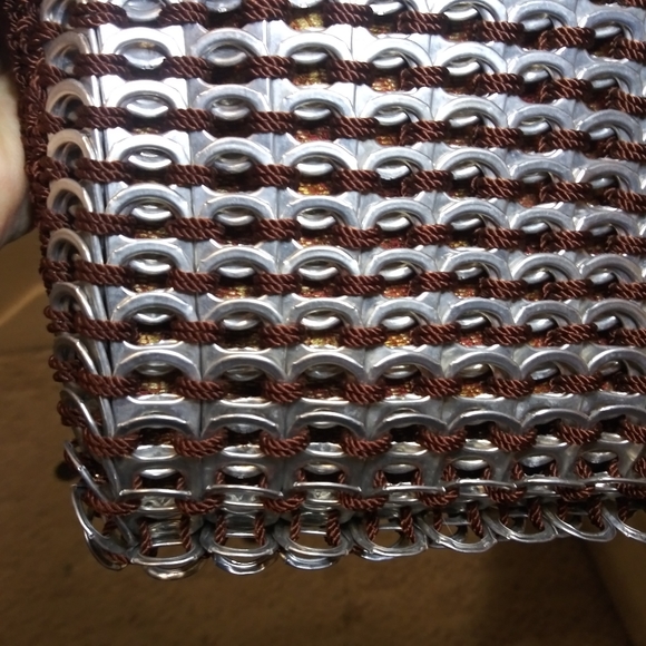 Boho One-Of-A-Kind Handmade Silver Soda Tab Trimmed Brown Crocheted Shoulder Bag - Picture 8 of 12